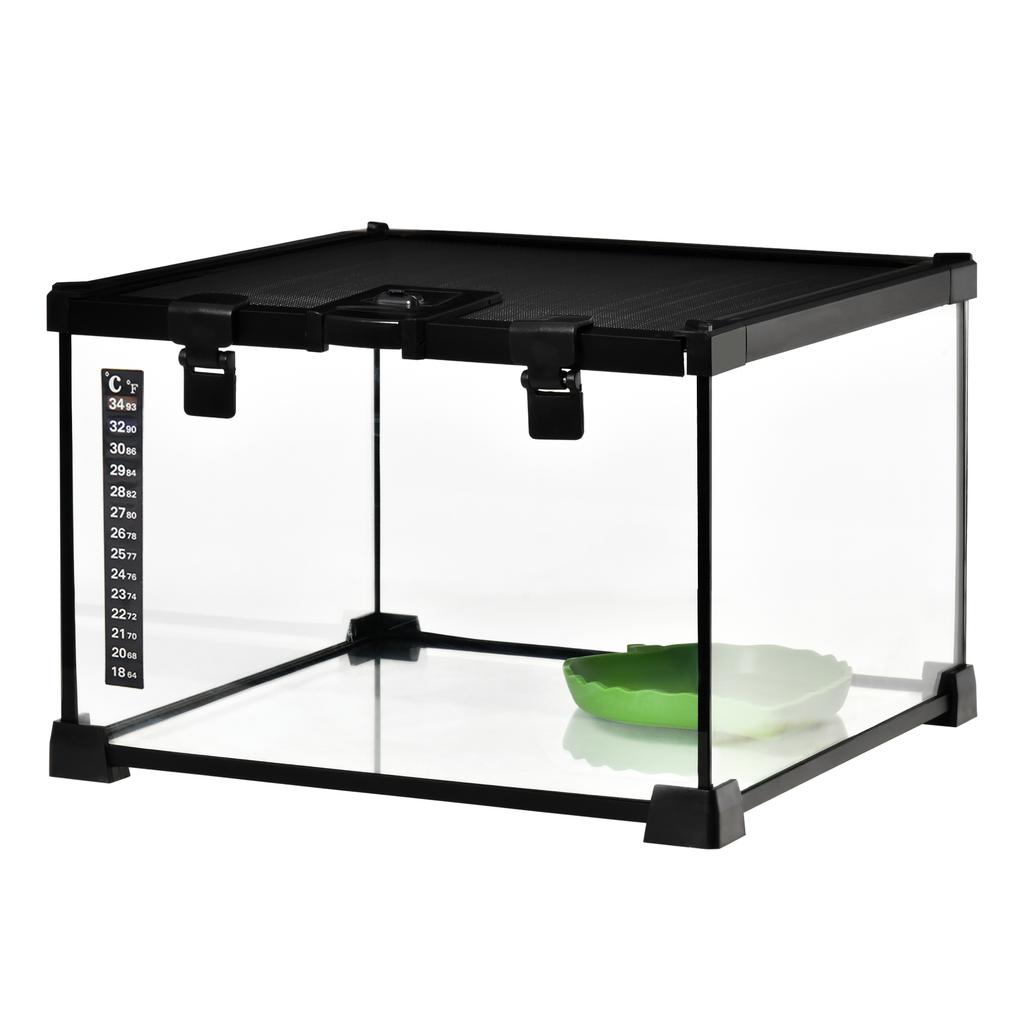 Reptile Terrarium, Transparent Habitat, Sliding Metal Mesh Lid, 30 x 30 x 20 cm, Black