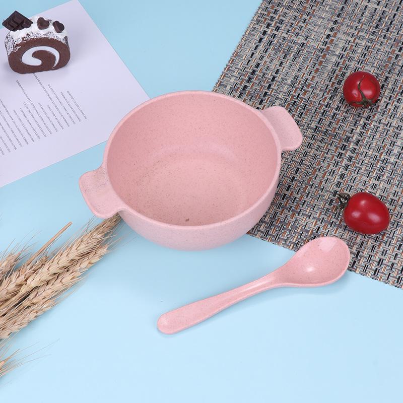 Dětská pšeničná jídelní sada: Miska s dvojitými uchy a lžíce odolné proti pádu a s tepelnou izolací