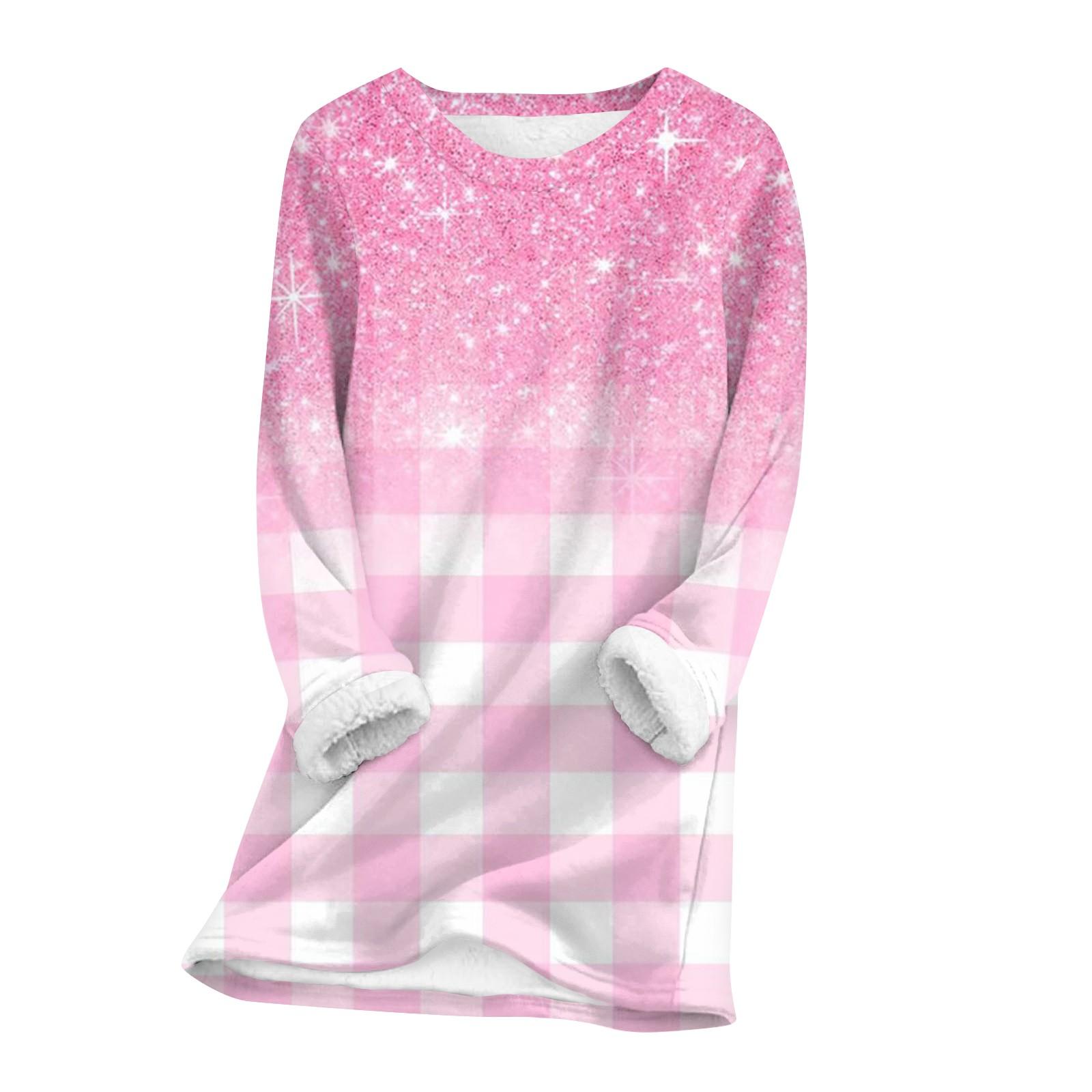 

Женский топ с круглым вырезом, с принтом, утолщенный плюшевый кашемировый теплый длинный топ с длинными рукавами XXL розовый