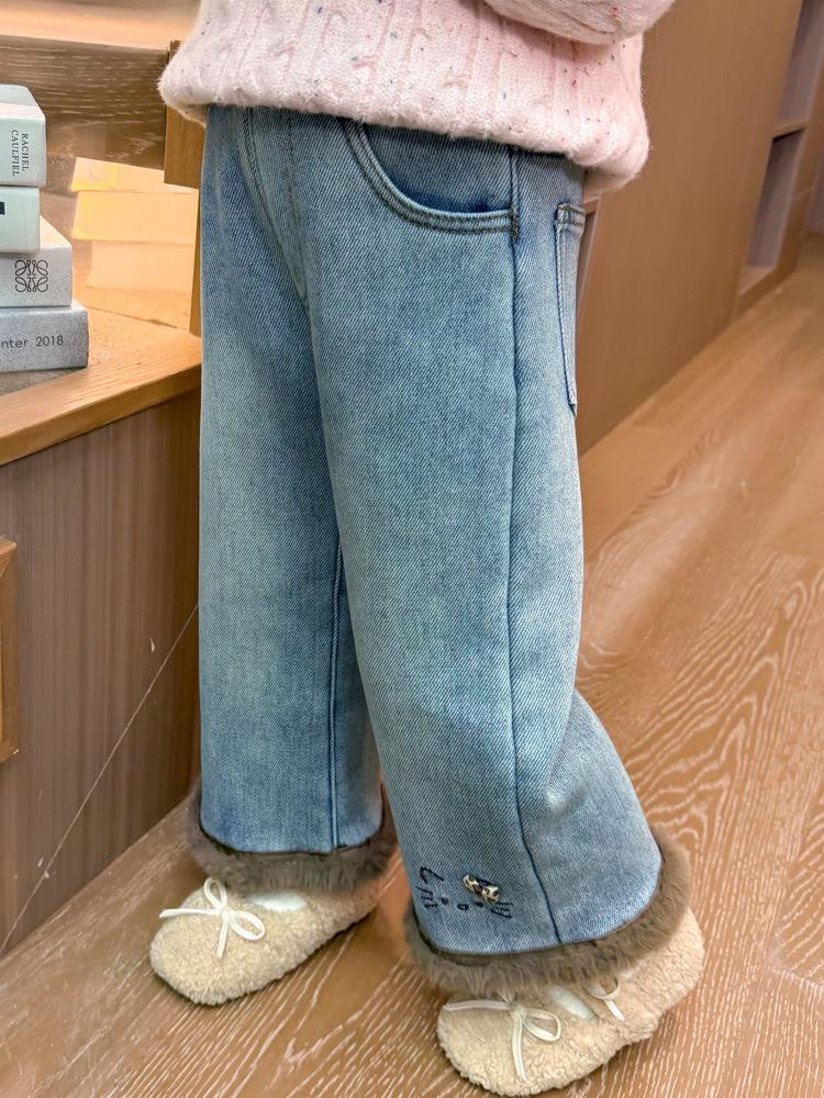 Flickors fleecefodrade kattbyxor: Vinter 2025 Raka Jeans