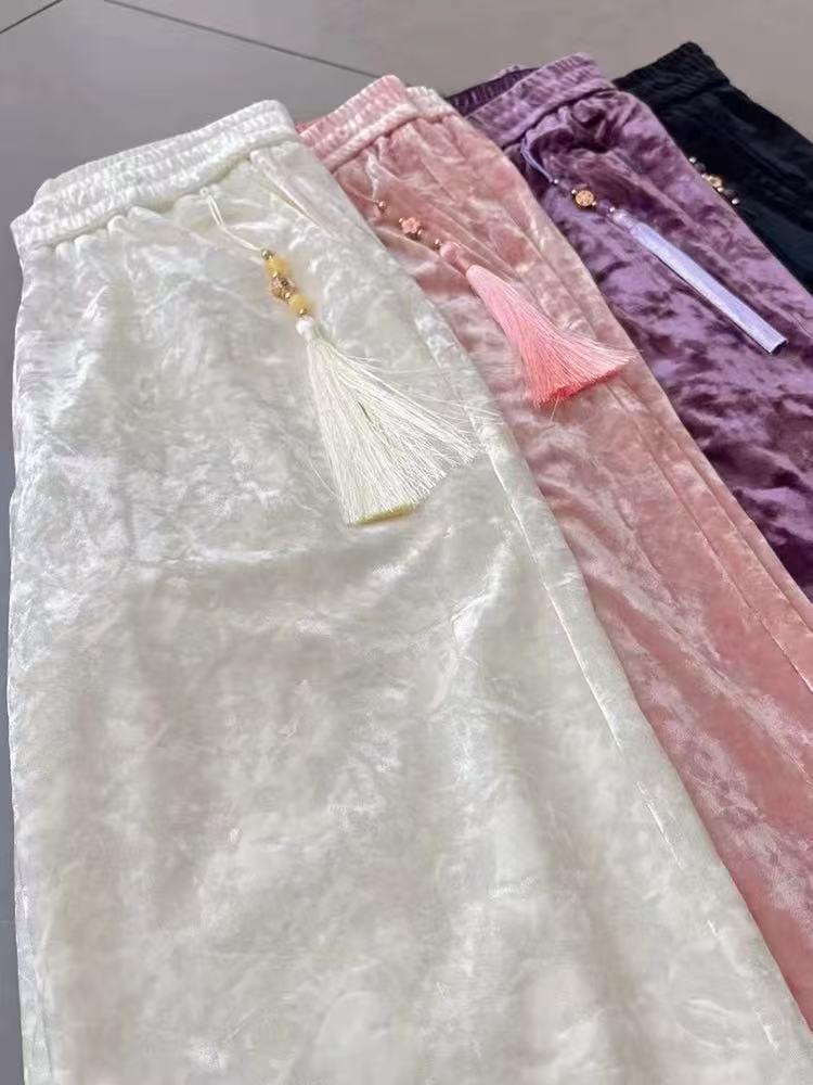 Retro Chinese Style Golden Velvet Jacquard High Waist Slim Fit Pants for Spring and Autumn