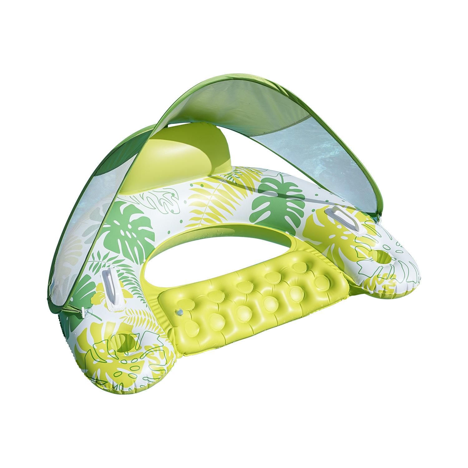 Inflatable Pool Float Lounge with Sun Canopy U-Shaped Water Floating Recliner Chair with Cup Holders Raft for Pool Beach
