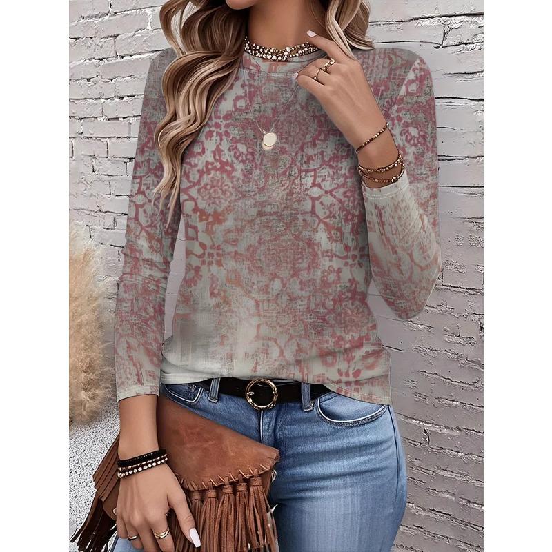 Autumn and Winter Women's Floral 3D Print Crew Neck Long-sleeve T-shirt with Ethnic Style
