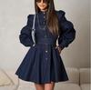 Mini abito camicia in denim da donna, tinta unita, collo mezzo alto, maniche lunghe a sbuffo, con cintura, linea ad A