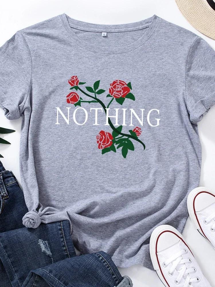 Nothing Rose Print T Shirt Women Short Sleeve O Neck Loose Tshirt Summer Women Causal Tee Shirt Tops Camisetas Mujer