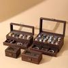 PU Leather & Wooden Watch Storage Box with Clear Glass Window, Multi-Layer Accessory Storage Case with Mirror, Gift-Ready