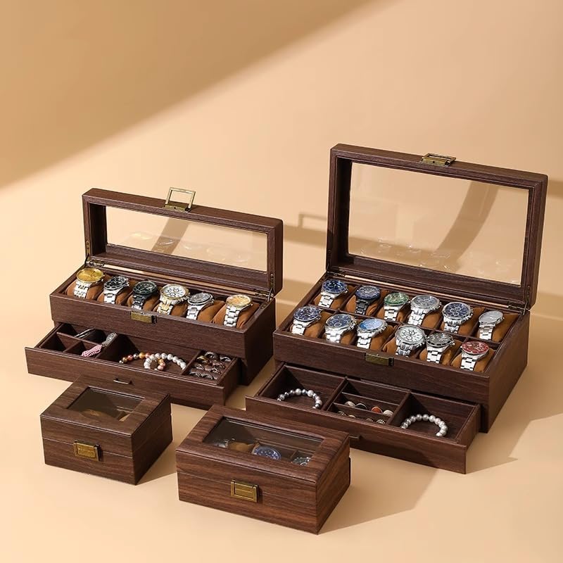 PU Leather & Wooden Watch Storage Box with Clear Glass Window, Multi-Layer Accessory Storage Case with Mirror, Gift-Ready