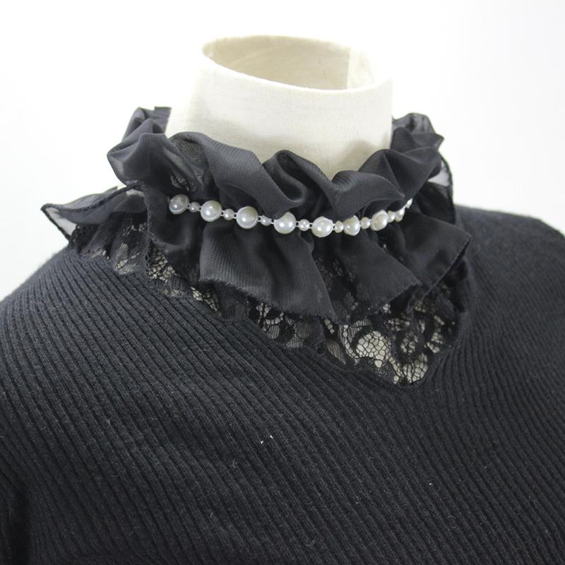Schwarzer Damen Stehkragen Spitze Halsrüsche Falscher Kragen Cape mit Perle Sexy Vielseitig Dekorativer Kragen Schal Kostümzubehör