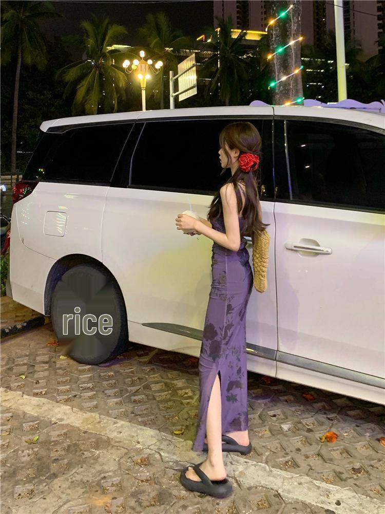 French Purple Floral Spaghetti Strap Dress - Women's Summer 2024 Waist-Hugging Long Tea Dress