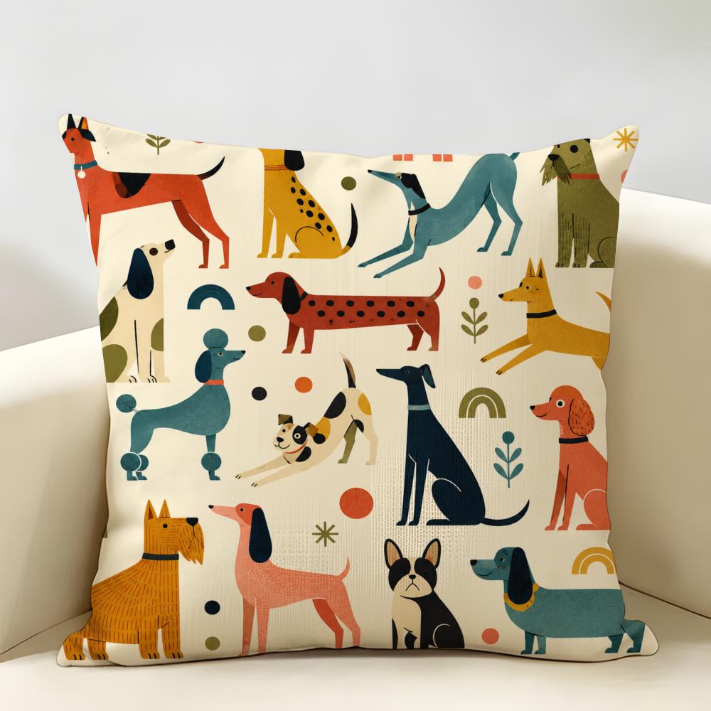 Colorful Dog Pattern Cushion Cover Durable Hypoallergenic Organic Linen Pillow Cover Short Size Washable SkinFriendly
