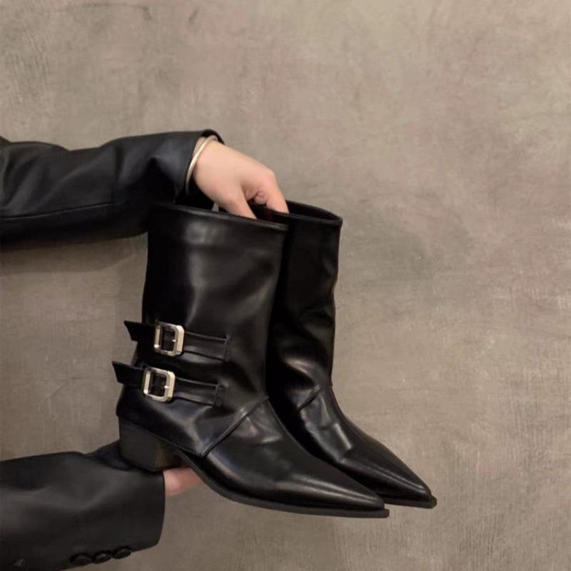 Pointed high-heeled brown small short boots women's shoes new spring and autumn single boots retro belt buckle medium tube pants tube boots