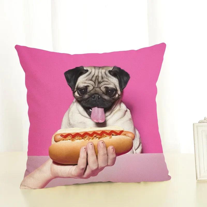 Funny Cartoon Pug Dog Printed Cushion Cover Linen Pug Dog Food Decorative Pillowcase Sofa Party Home Decor Sofa 45X45Cm