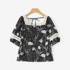 ZANZEA Women Lace Splice Square Collar Summer Short Sleeve Floral Blouse