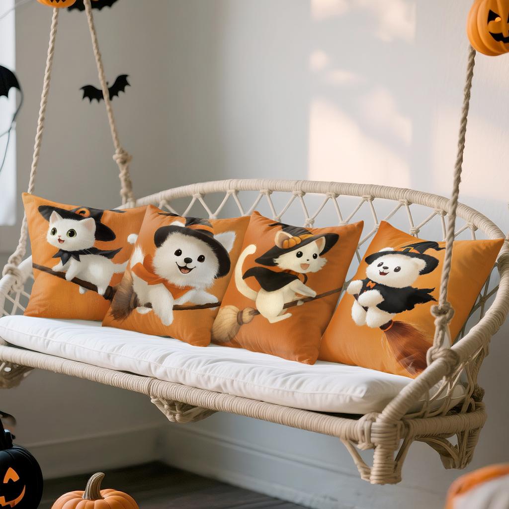Witch Dog Cat Riding Broom Pillowcase Printed Polyester 45X45Cm Throw Pillowcover Decorative Sofa Cushion Pillowslip Home Decor