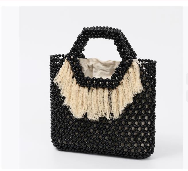 NEU Damen Gewebt Quasten Design Ausgeschnitten Holzperlen Tragetasche Eimer Schultertasche Damen Netzartiges Netzgewebe Strand Handtasche
