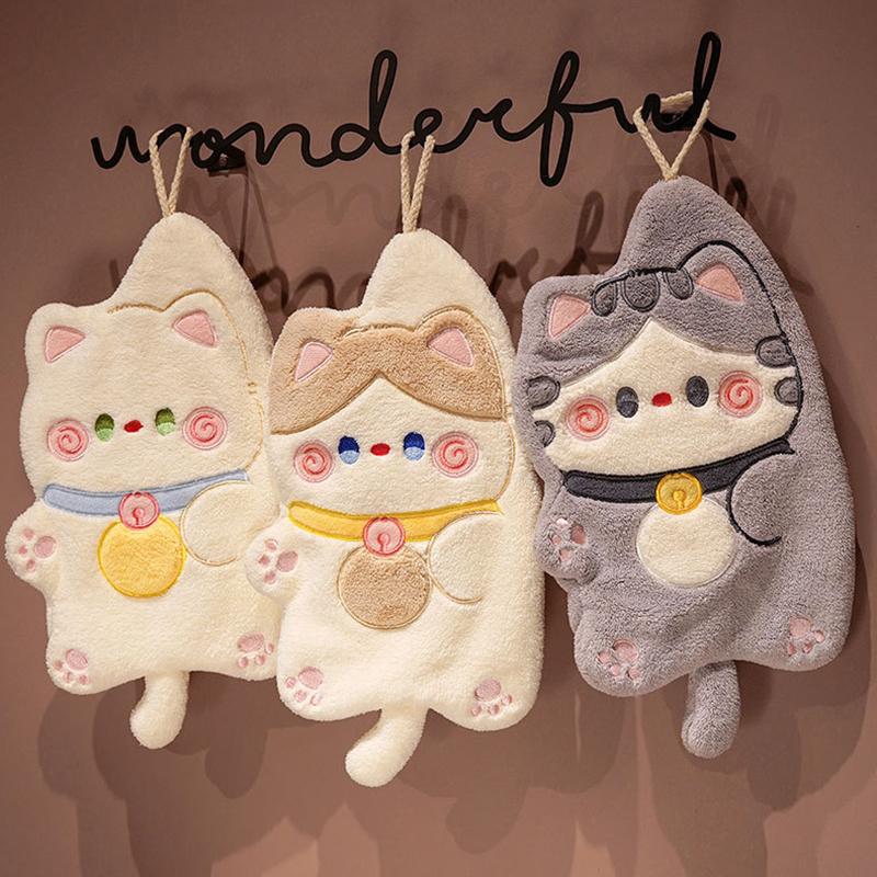 Cute Cat Hand Towels Quick Drying Kitchen Cleaning Rag Coral Velvet Cartoon Animal Absorbent Hanging Bathroom Towel Supplies
