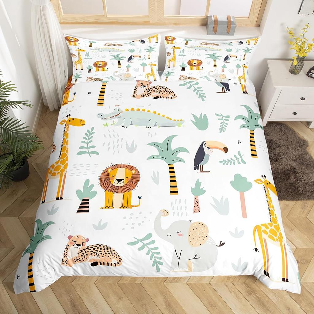 Kid Zoo Tier Bettbezug Niedliche Wildtiere Giraffe Bettwäsche Set Cartoon Löwe Nilpferd Schildkröte Yak Bettdeckenbezug Polyester Steppdeckenbezug