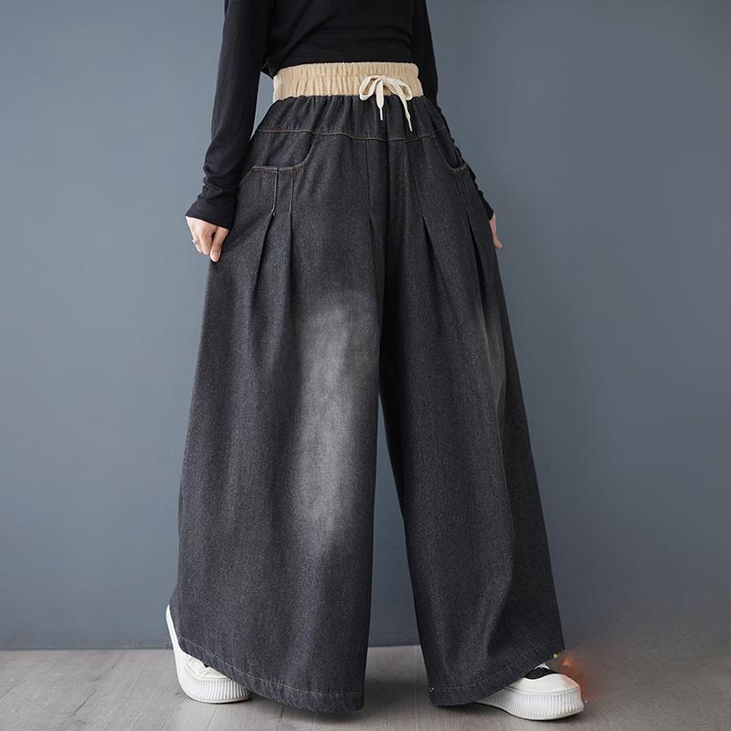 

DIMANAF 2024 Большие размеры Зимние толстые женские джинсы Брюки Базовые брюки Свободные широкие брюки Повседневные однотонные синие Большие размеры L чёрный