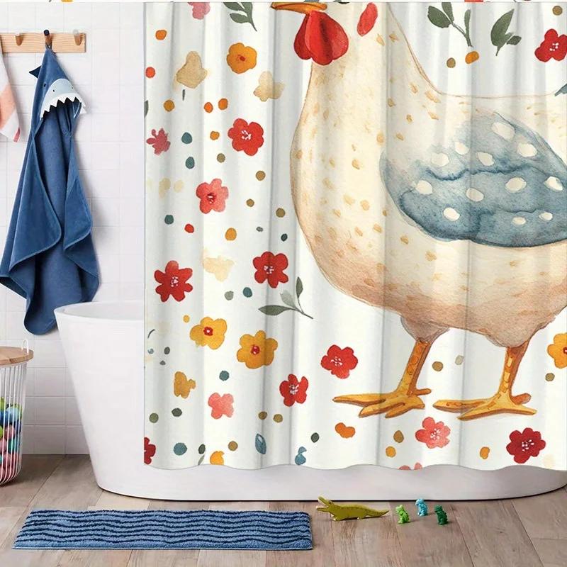 1pc White Hen Flowers Shower Curtain - Watercolor Red, Fluffy Texture, Charming Whimsical Scene