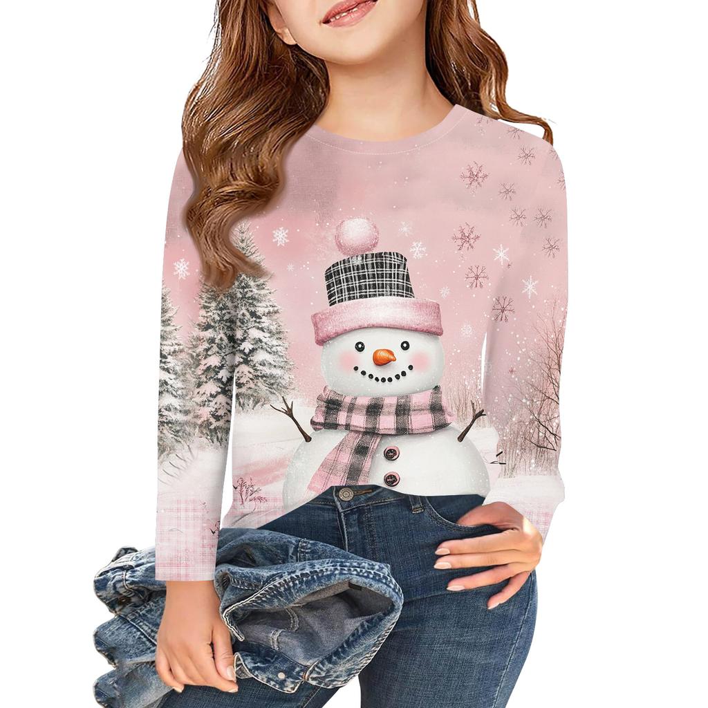 Christmas Day Girls Long Sleeve T Shirts Kids Fall Tops Crewneck Printed Basic Tees