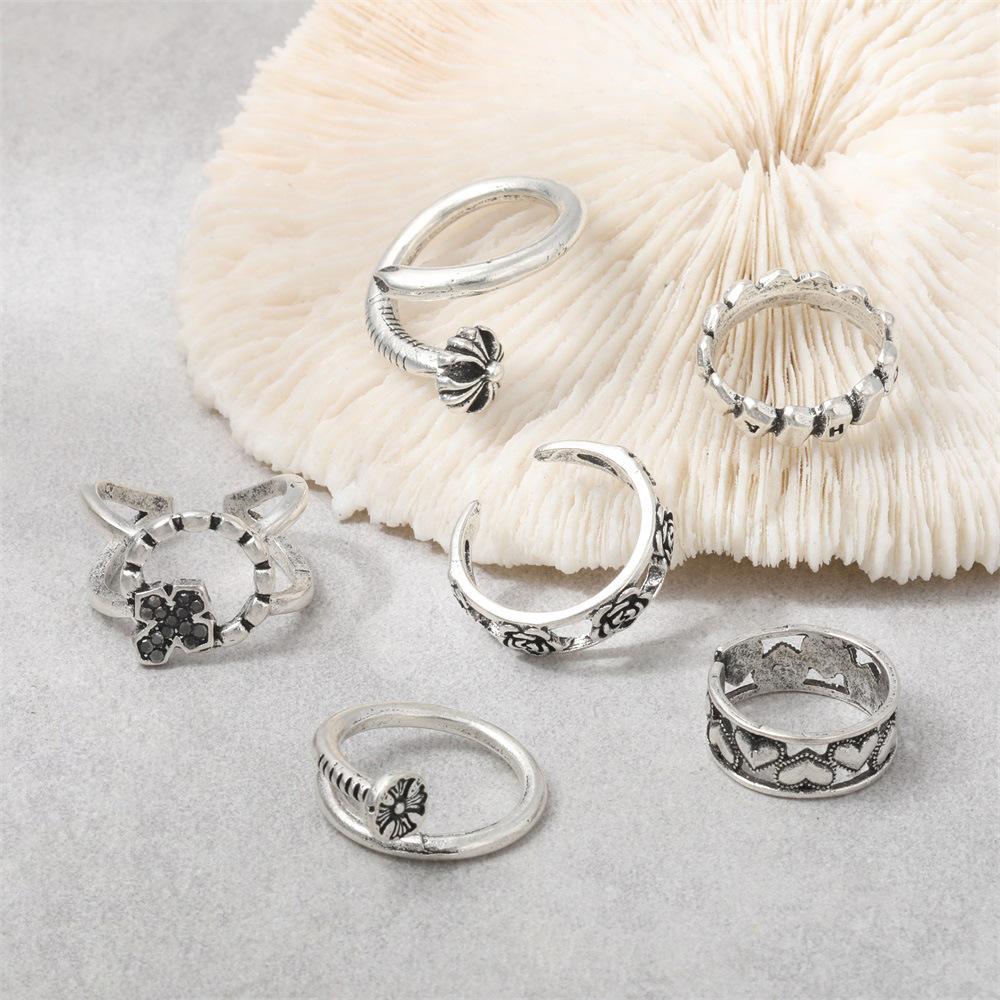 Personalized Combination Ring, Retro Love Nails Flower Opening 6 Pieces Ring Jewelry