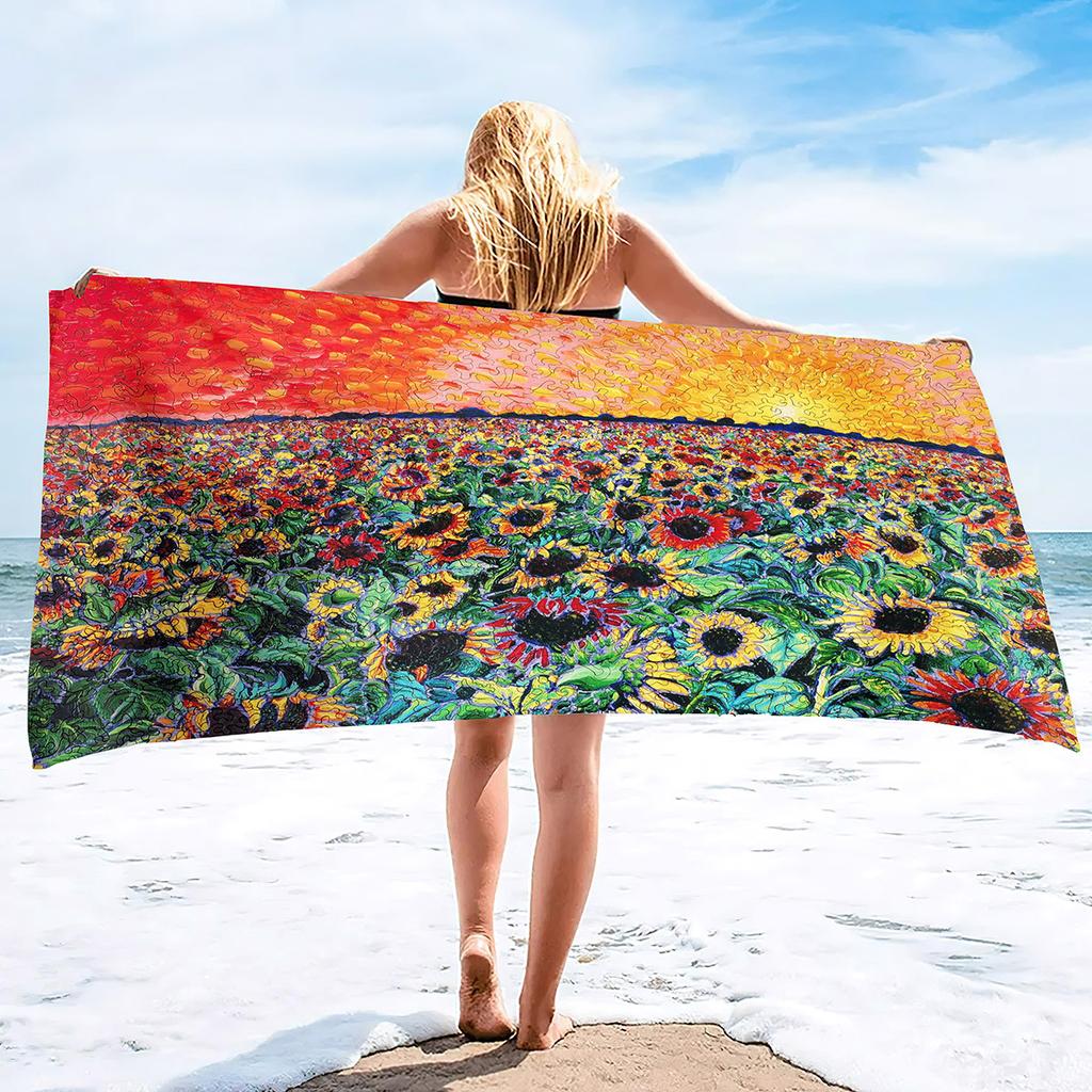 Oil Painting Sunflower Series Seaside Vacation Beach Towel Swimming Bath Towel Microfiber Sports Towel
