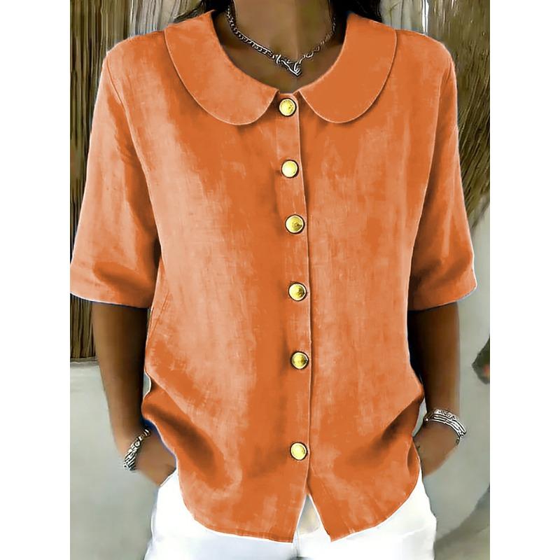 Elegant Commuting Loose Solid Button Half Sleeve Shirt For Women