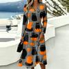Abito casual da donna a maniche lunghe con scollo a V e stampa di Halloween, con tasche