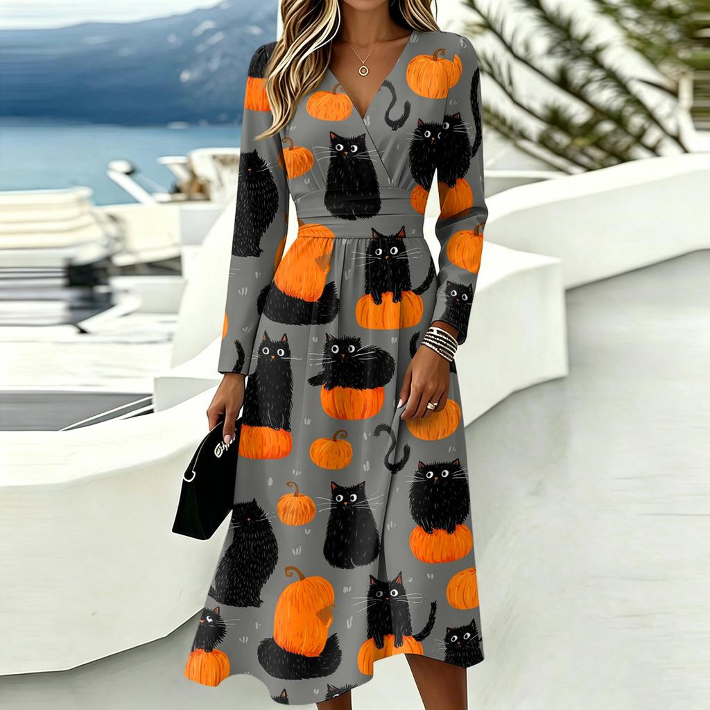 Abito casual da donna a maniche lunghe con scollo a V e stampa di Halloween, con tasche