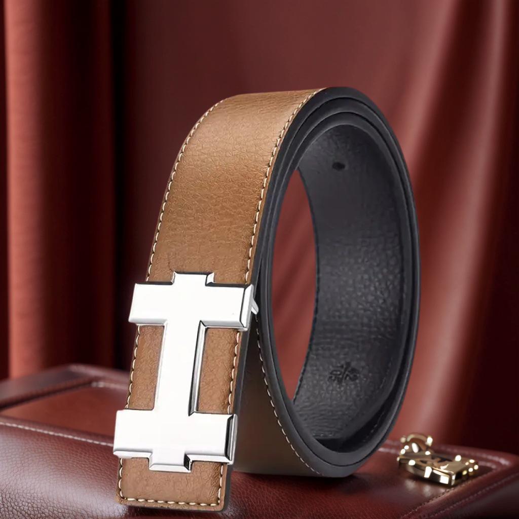 Unisex Korean H Buckle Genuine Leather Belt with Lychee Grain Design