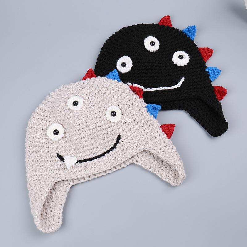 New Autumn and Winter Warm Fun Handmade Knitted Ear Hats Men and Women Cute Funny Cartoon Little Dinosaur Wool Hat