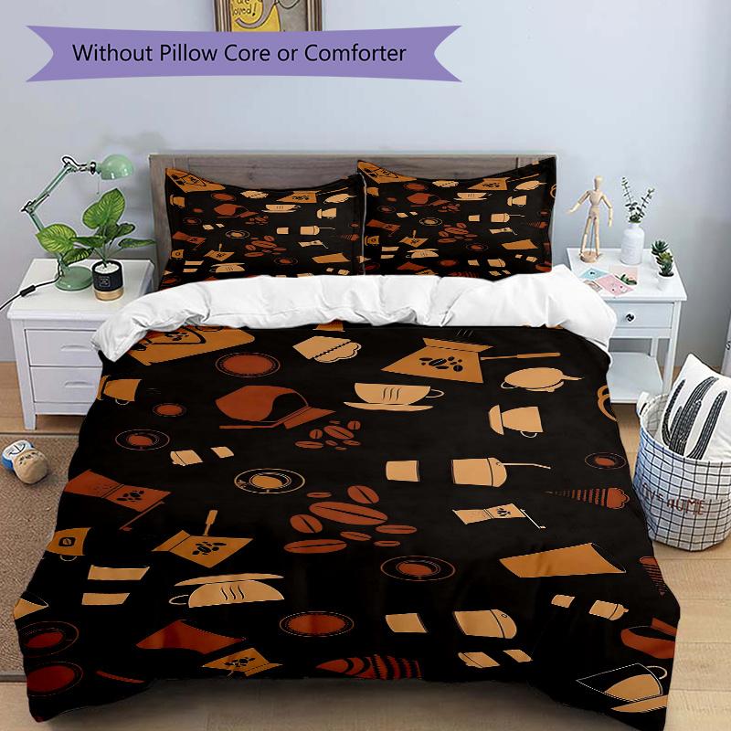 

3pcs Golden Coffee Icons Bedding Set, 1 Soft Quilt Cover + 2 Pillowcases, Machine Washable, Suitable for All Seasons 135x200cm