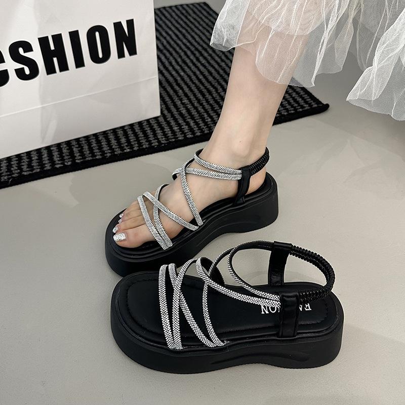 Summer new outer wear rhinestone platform sandals women's cross-strap high-end versatile elastic high-heeled strap sandals