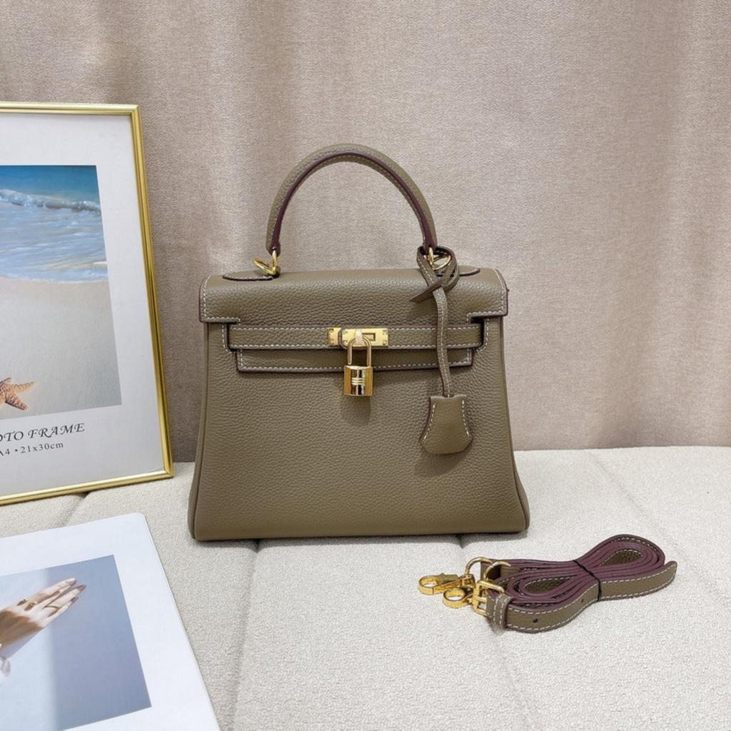 2026 new first-layer cowhide soft leather fine lychee pattern leather inner seam Kelly bag genuine leather women's bag portable messenger bag