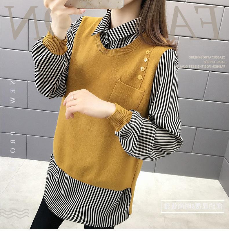 Sweater Women Autumn New Outer Wear Loose Shirt Collar Fake Two Piece Knit Sweater