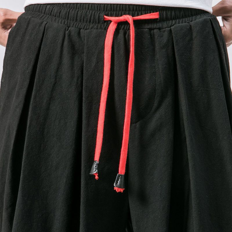 Chinese-style Japanese-style Linen Casual Pants for Men, 9-inch Loose, Wide-leg, Tight-fitting, Plus-size Radish Pants and Casual Harem Pants
