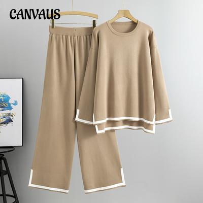 Completo in maglia da donna, maglione, autunno e inverno, taglie forti, a maniche lunghe, aperto, gamba larga, pantalone