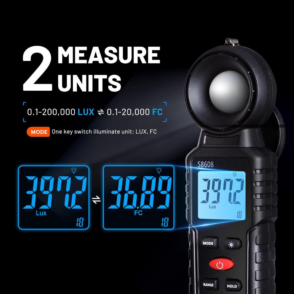 Mcbazel Digital Illuminance Lux LCD Brightness Plant Lighting Japanese Instruction Manual Included Black Meter, 200,000 Measurement, Display,