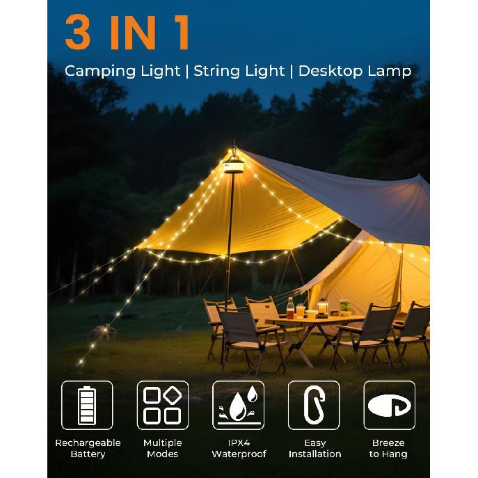 Camping String Lights, Retractable 32.8FT Rechargeable Fairy Light | Quick Storage RGB Flash Lamp Outdoor Waterproof, Portable Hanging Lantern for