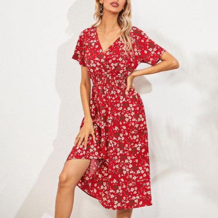 Summer Vacation Floral Print V Neck Loose Dress for Ladies