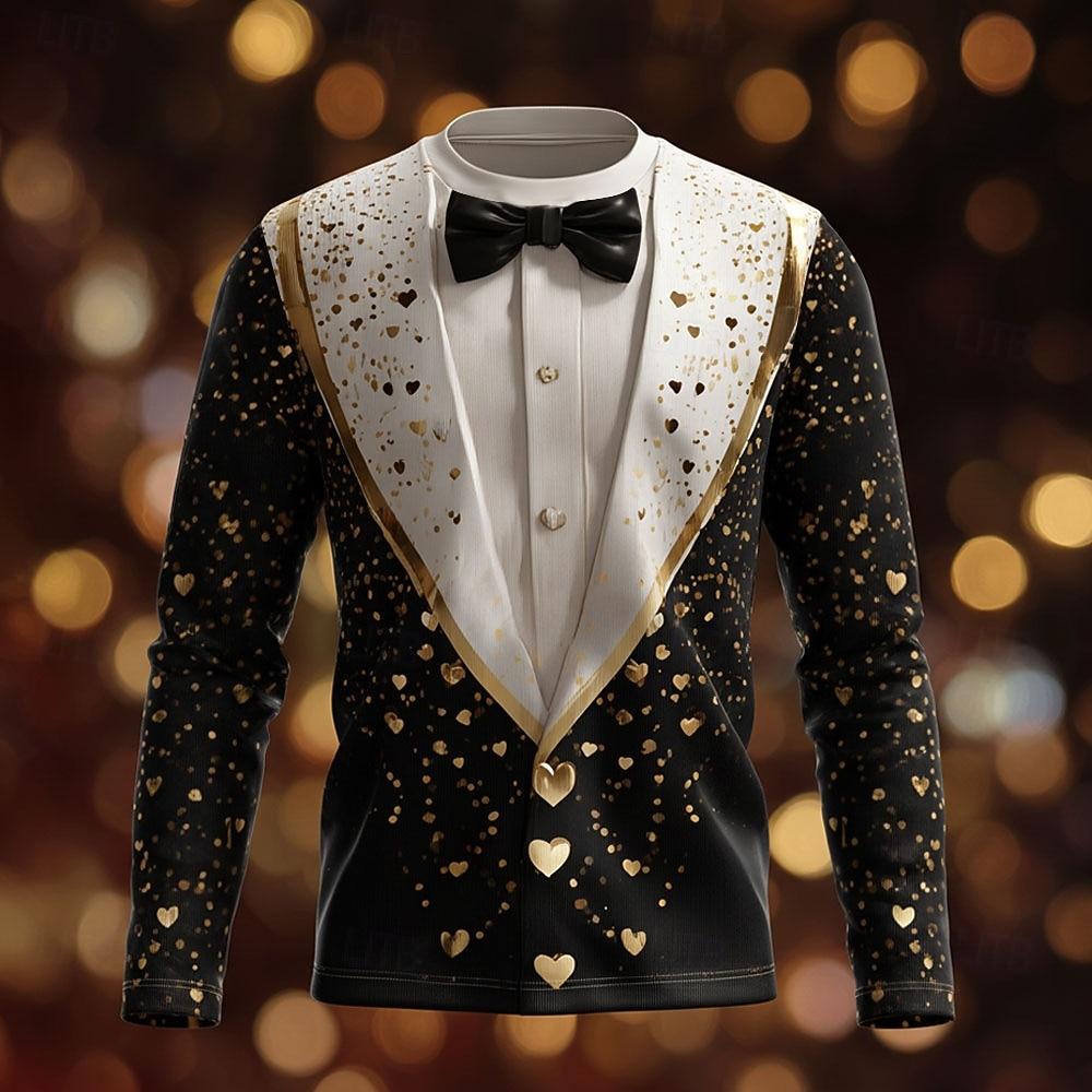 2025 Christmas Men's Christmas Costume Tuxedo T Shirt Long Sleeve T-shirt 3D Print Crew Neck Shirt Daily Vacation Party Wear