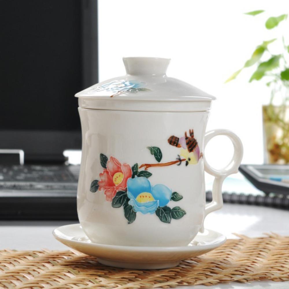 Hand-painted relief ceramic cups, creative zakka ceramic with lid and filter teacups, office cups