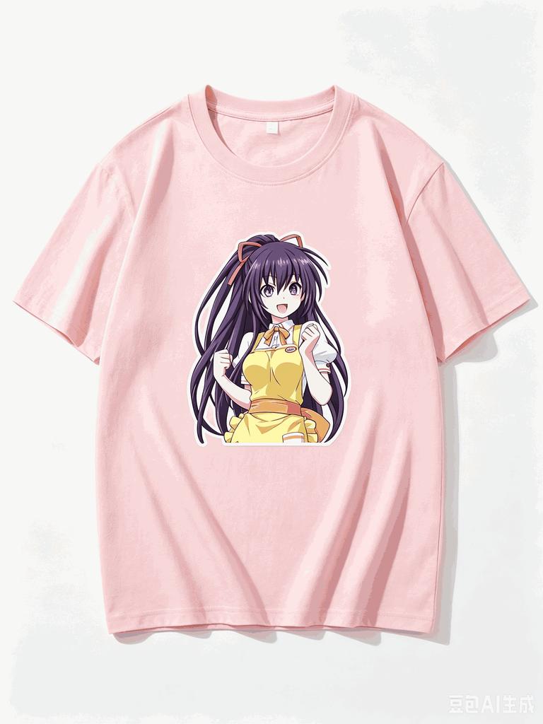Tohka Yatogami Date A Live Yellow Apron Cheerful Pose Anime Sticker Graphic Crew Neck Short Sleeve T Shirt