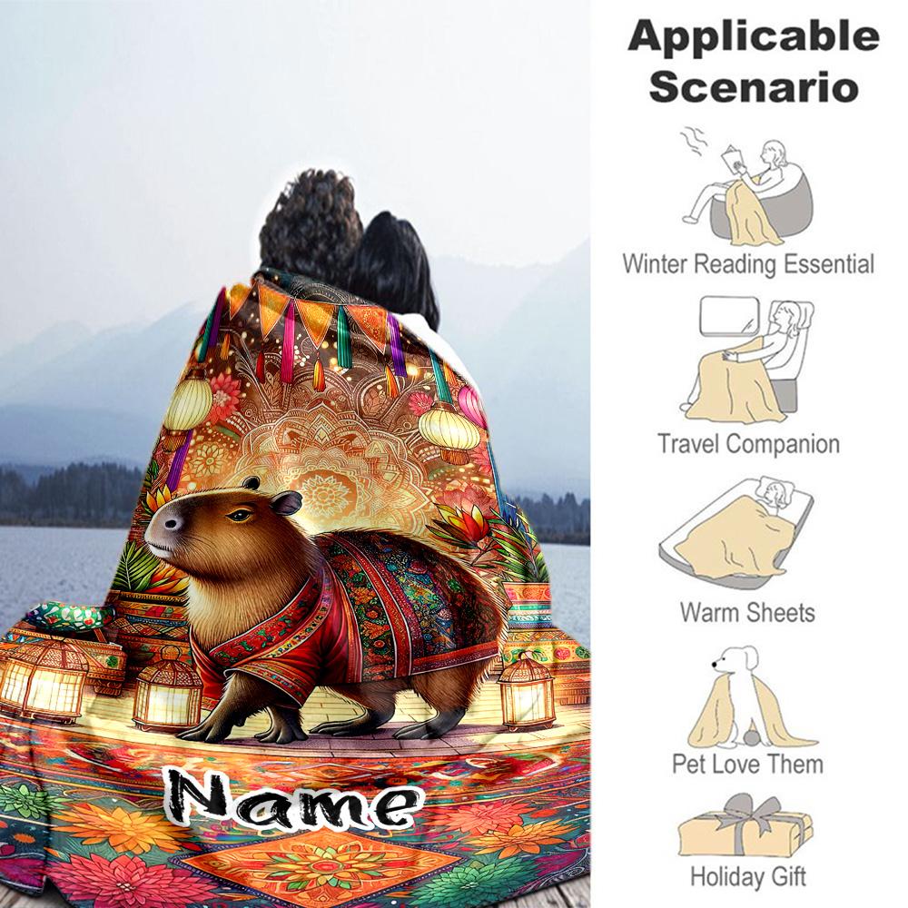 Ethnic Capibara Customize Your Name Blanket Cozy Personalized Blanket Ultra-Soft Versatile for Sofa Home Decor Living Room Nap