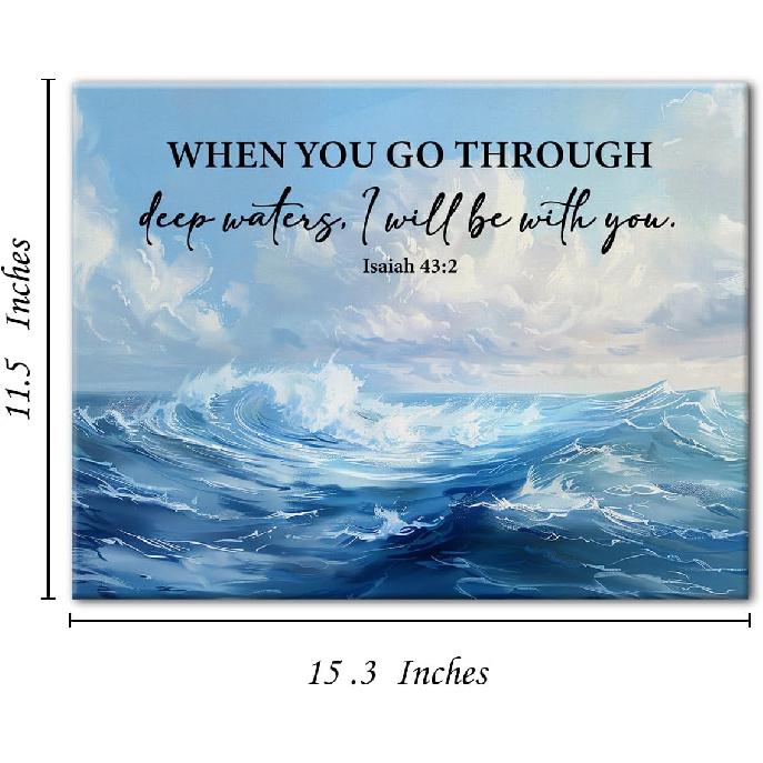 Christian Canvas Wall Art Decor When You Go Through Deep Waters Isaiah 43:2 Scripture Poster Print Picture Bible Ocean Artwork Framed for Home Decor,