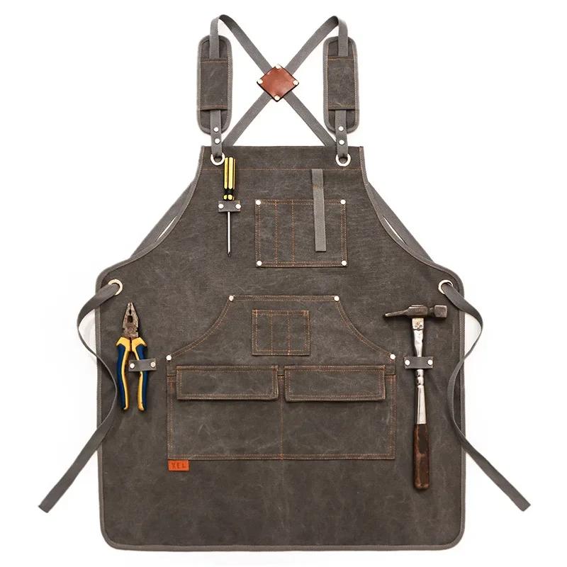 Durable Unisex Canvas Work Apron Barber Baking Cafe Garden Carpentry Restaurant Adjustable Work Wear Apron with Tool Pockets