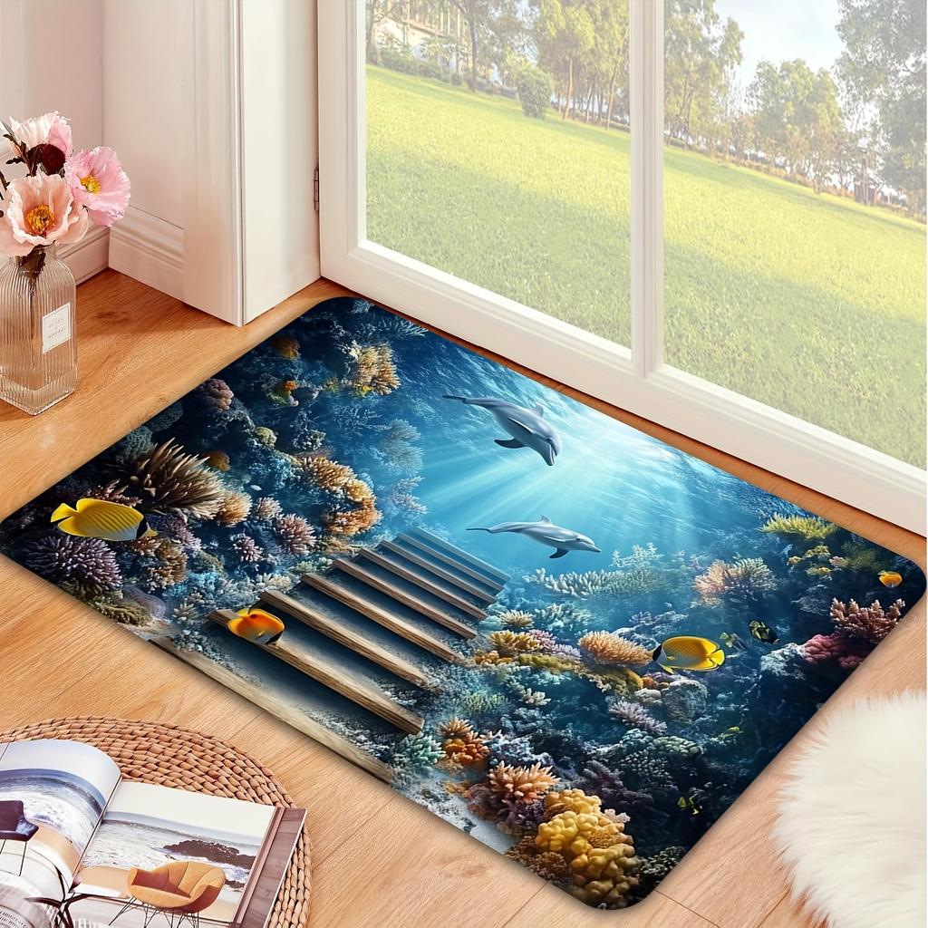 Dolphin Coral Reef Doormat Underwater World Rug, Vibrant Marine Life Print Non-Slip Machine Washable Door Carpet Decor