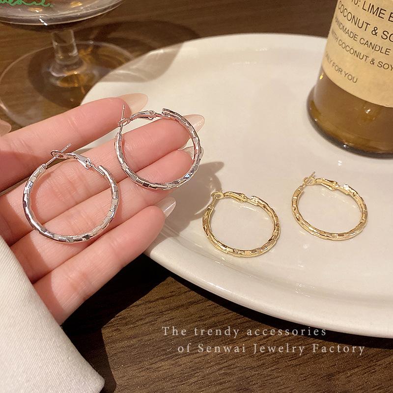European and American Broken Silver Large Circle Earrings Women's Light Luxury Design Earrings Exaggerated Personality Round Face Ear Jewelry