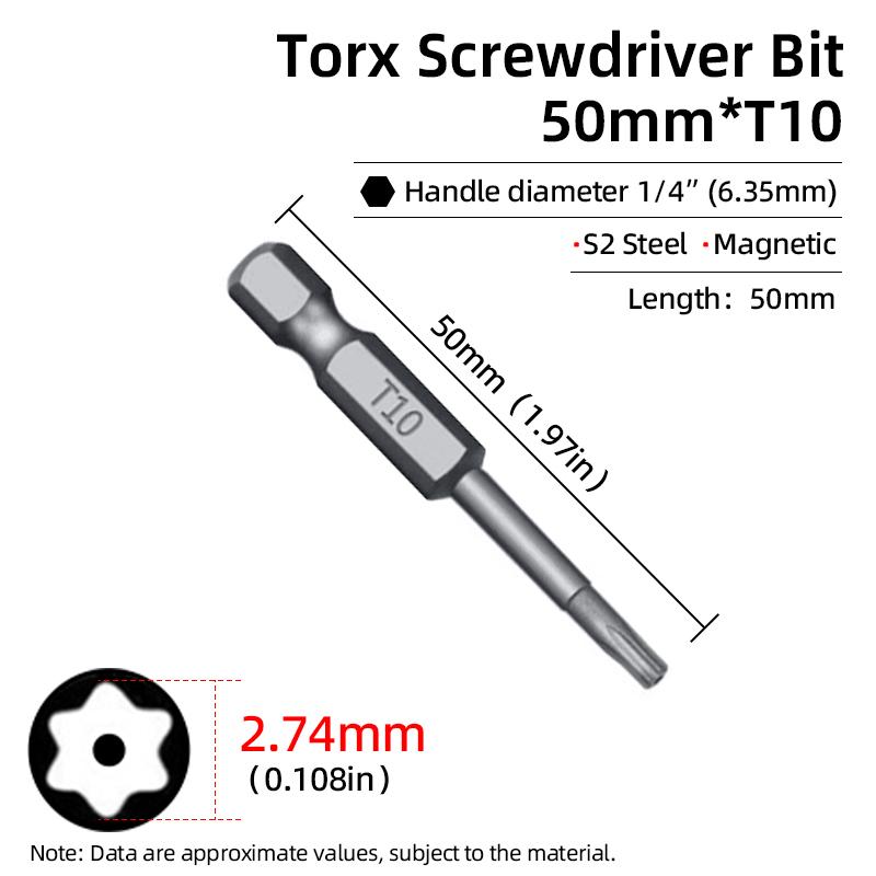 Torx Screwdriver Bit 50mm Magnetic S2 Steel 1/4'' Hex Shank Hollow Hole Security Bits T5-T40 Electric Drill Driver Hand Tools