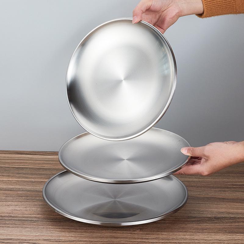 Korean Style Double-Layer Non-Magnetic Stainless Steel Insulated Golden Round Dinner Plate Tray
